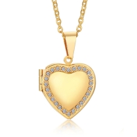 Malý medailón 3D srdce na fotky z ocele, zlatá farba, zirkóny